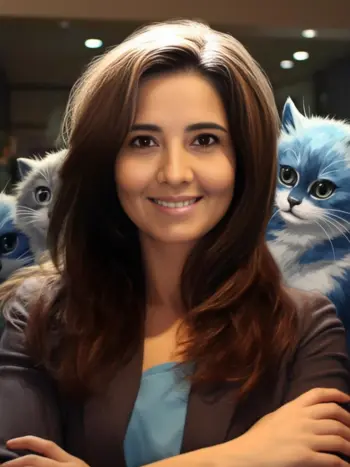 La misma asistente retratada con gatos a su alrededor