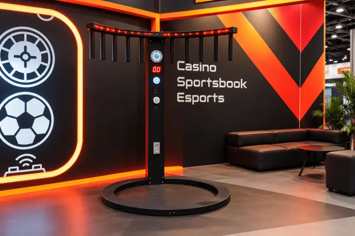 Juego de reflejos Drop Stick con branding en un stand de apuestas y esports