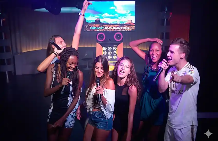 Grupo cantando con micrófonos inalámbricos en un karaoke profesional de United Events