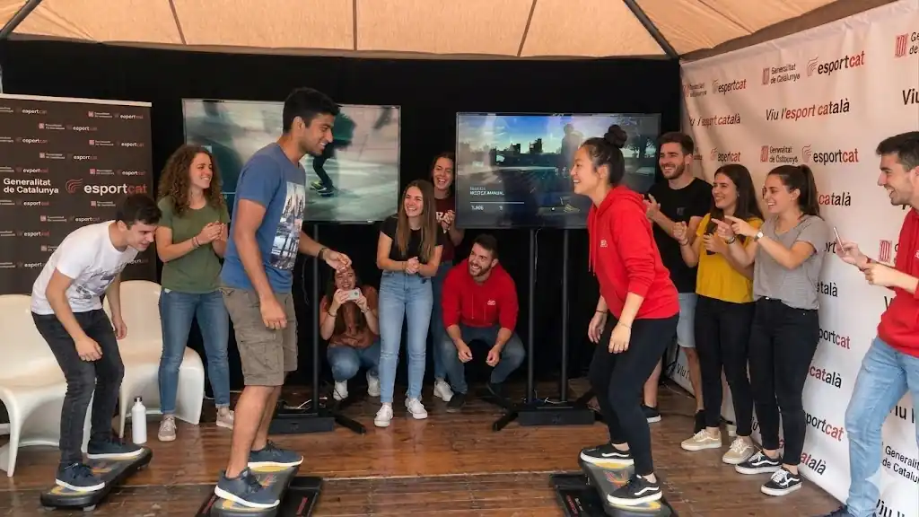 Virtual reality skateboard simulator at a company party