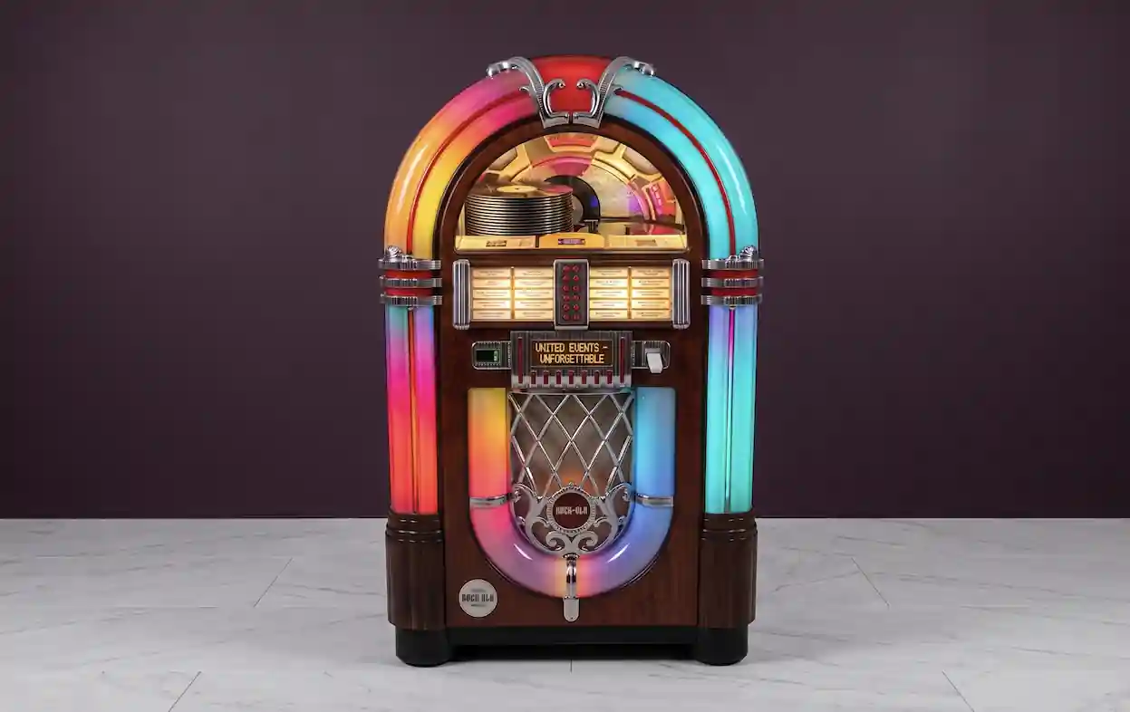 Illuminated retro jukebox at a company dinner in Barcelona