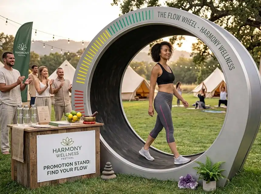 Illuminated hamster wheel at a town festival organised by the council