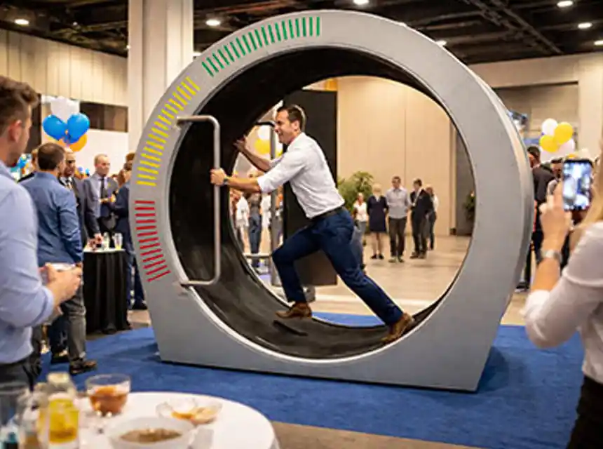 Participant running in the giant hamster wheel at a trade show stand