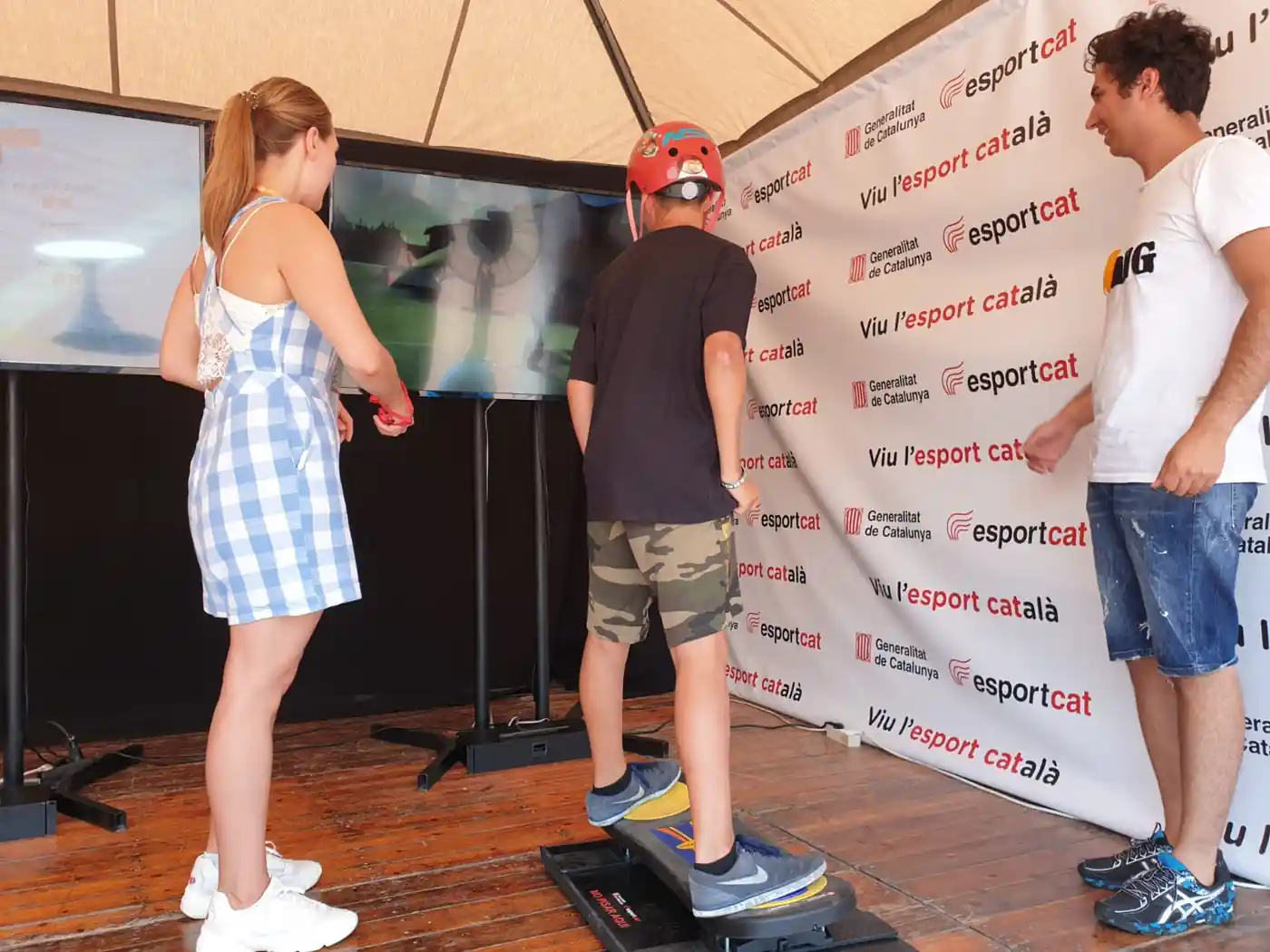 Teenager with a VR headset skating in a shopping centre
