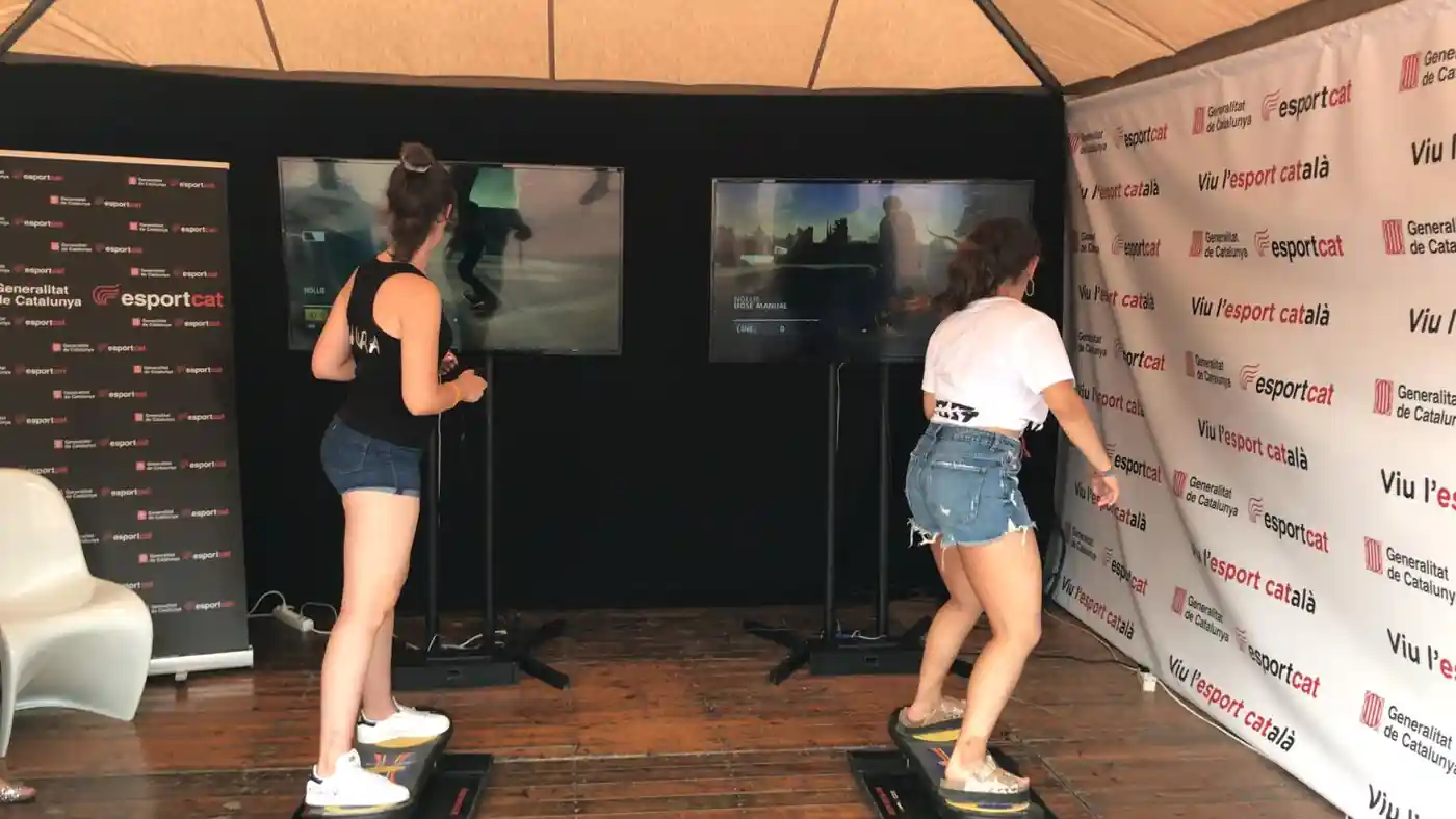 Visitor trying virtual skateboarding at a technology conference