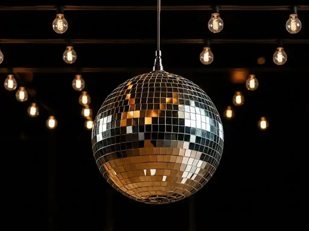 Disco ball spinning at a company Christmas dinner