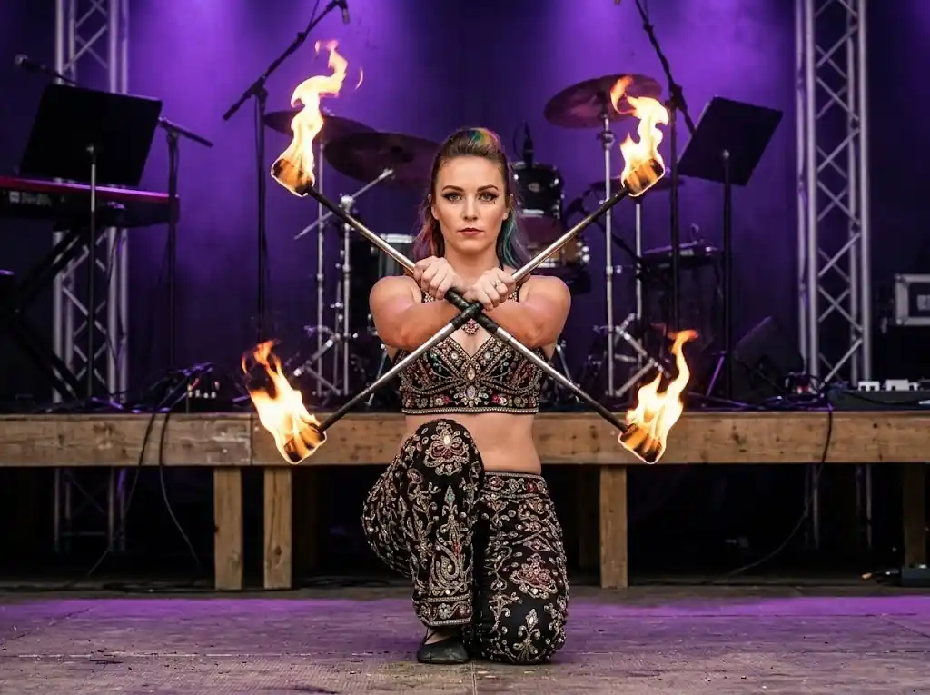 Fire show at dusk at a country estate wedding