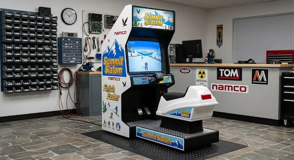 Customer trying the ski simulator in a sports shop