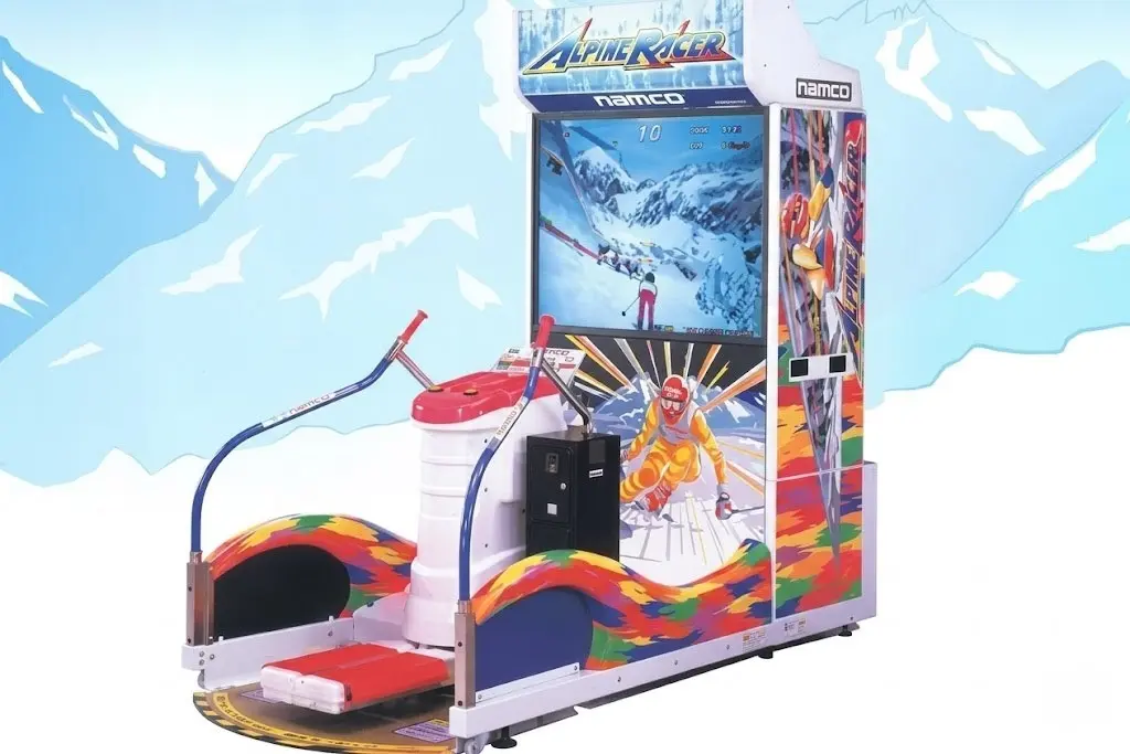 Employee racing on the ski simulator at a company party