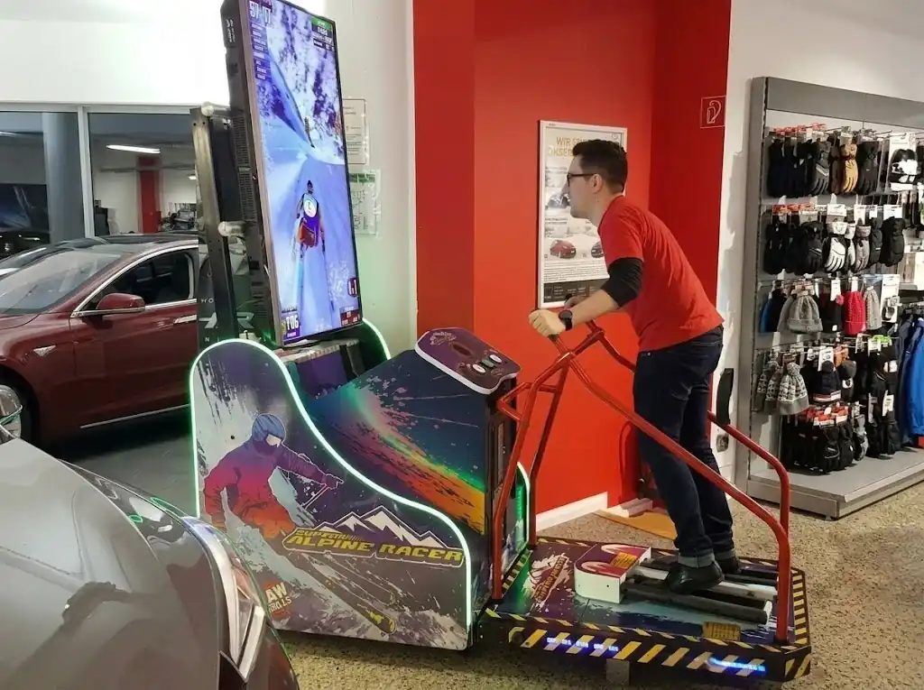 Ski simulator on a stand at a travel show