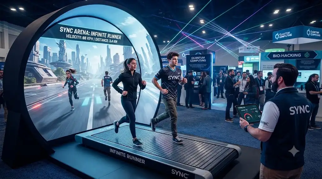 Two players competing on the step game at a trade fair