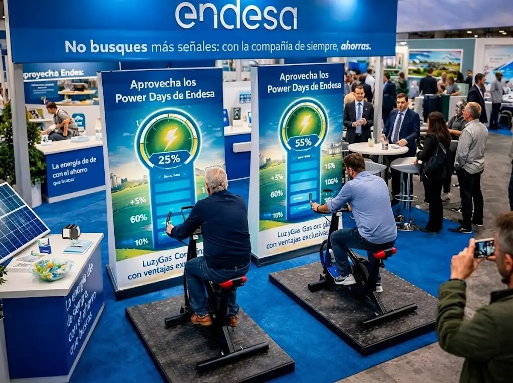 Bicicleta generadora amb llums LED en un estand de fira