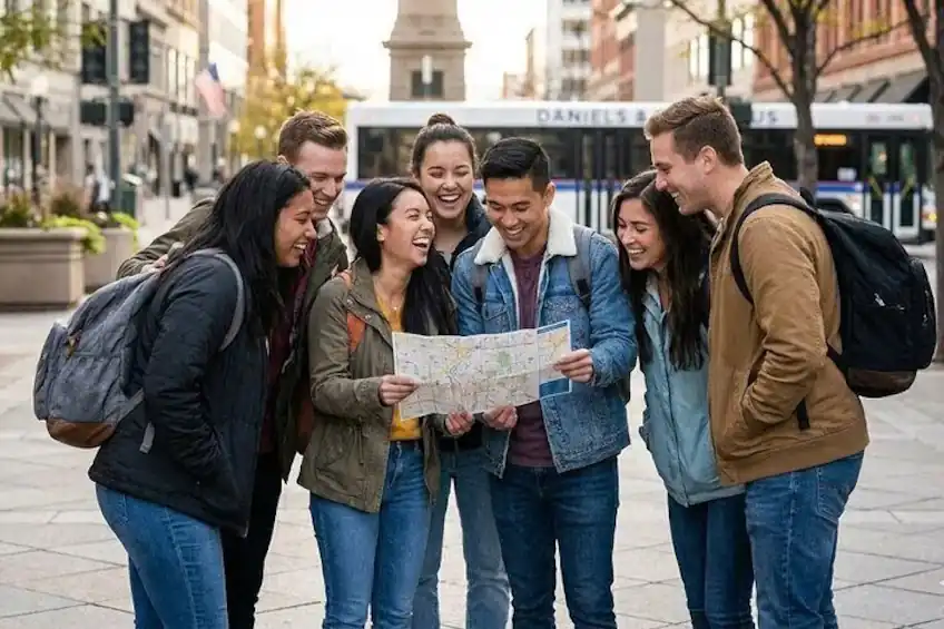 Participants solving a clue during a treasure hunt