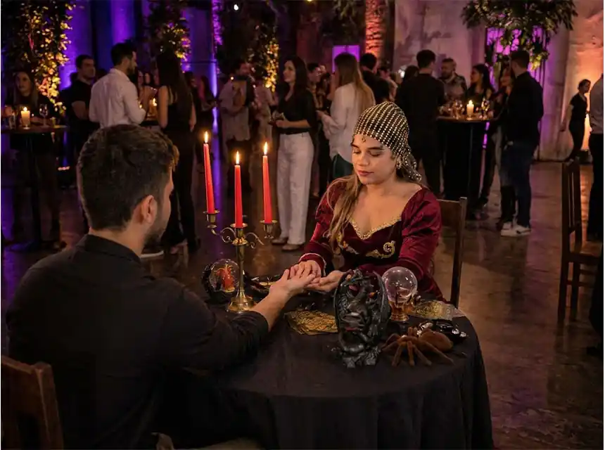 Tarotista llegint les cartes en una festa de Halloween d'empresa