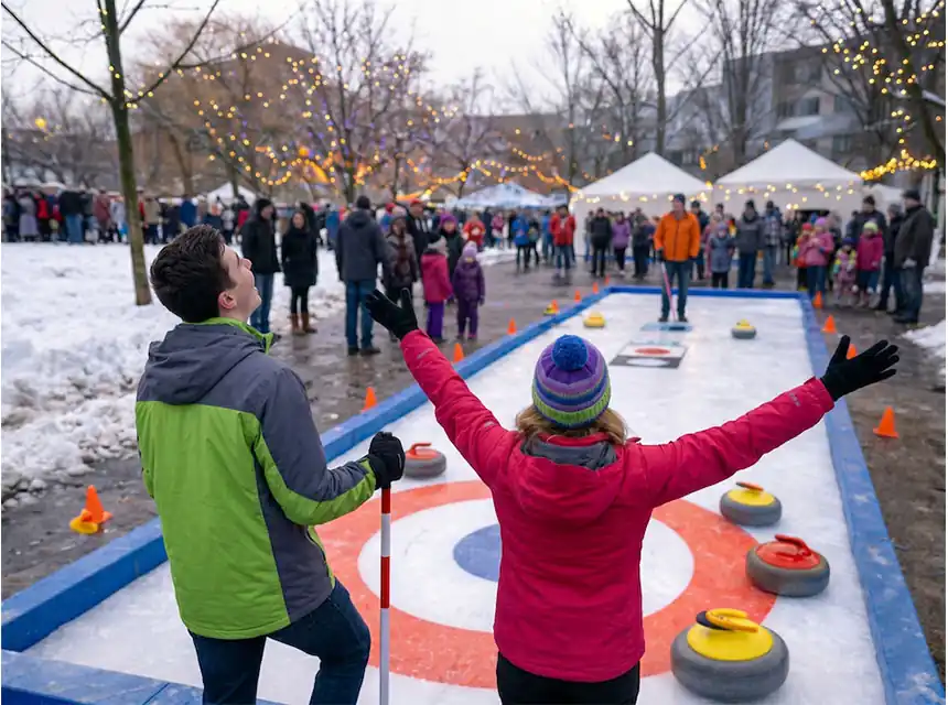 Familias probando el curling en un mercado de Navidad