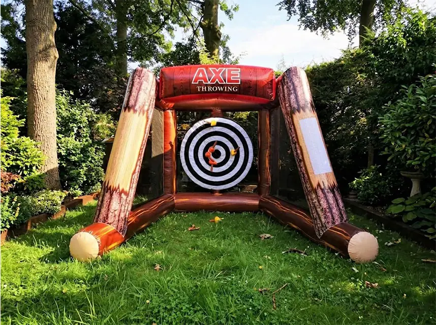 Inflatable axe throwing at a company party