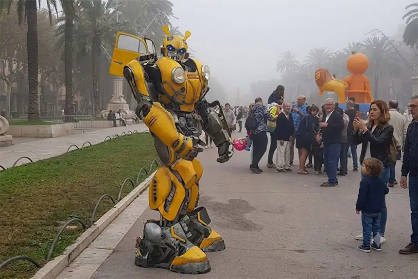 Bumblebee stilt walker at a car dealership opening