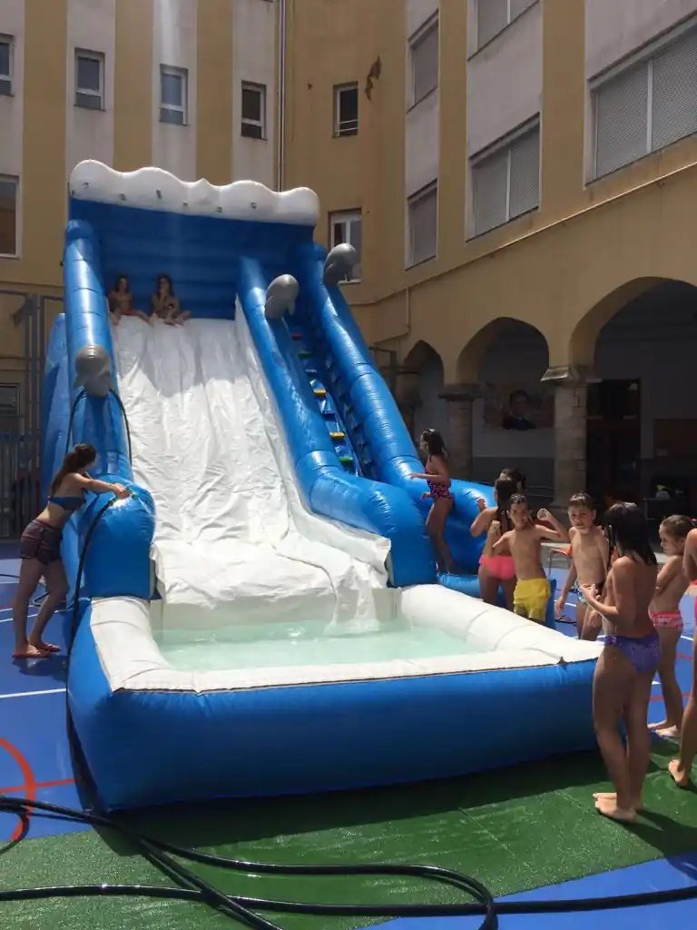 Giant dolphin water slide inflatable at a town festival