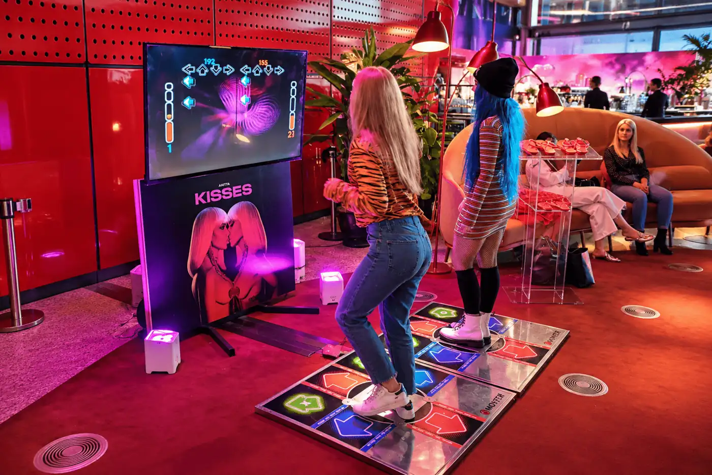 Guests dancing on the dance machine at a wedding