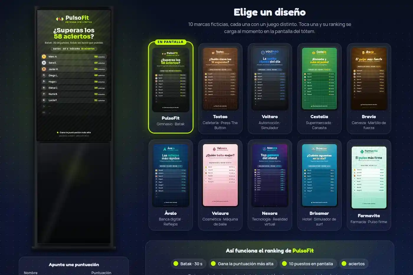 Digital leaderboard with a score ranking on a touch totem