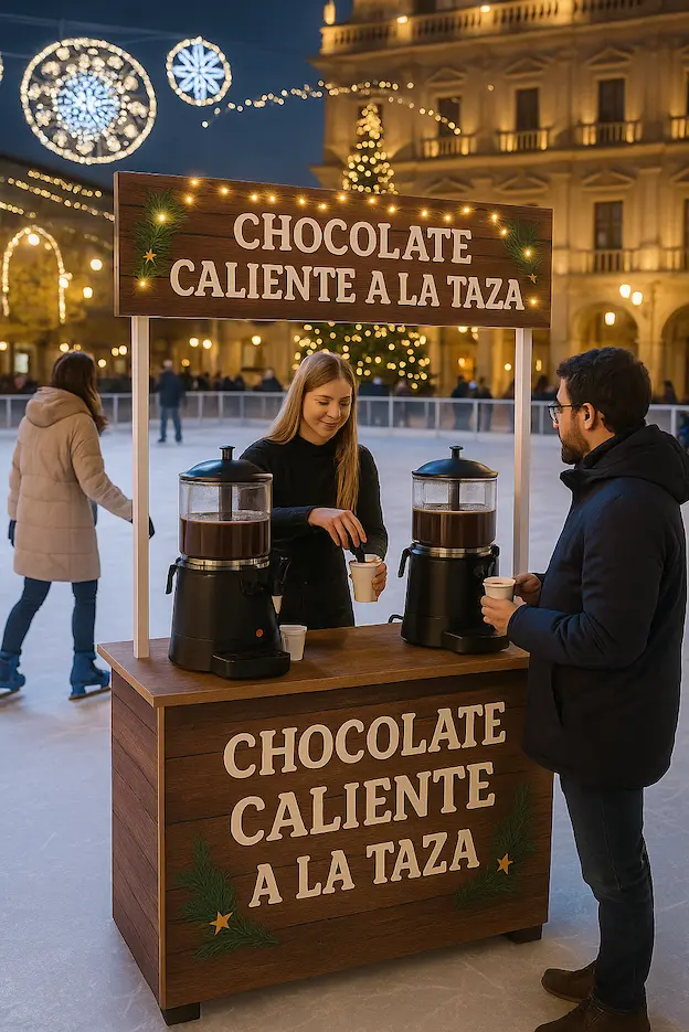 Alquiler de carrito de chocolate caliente en un mercado navideño