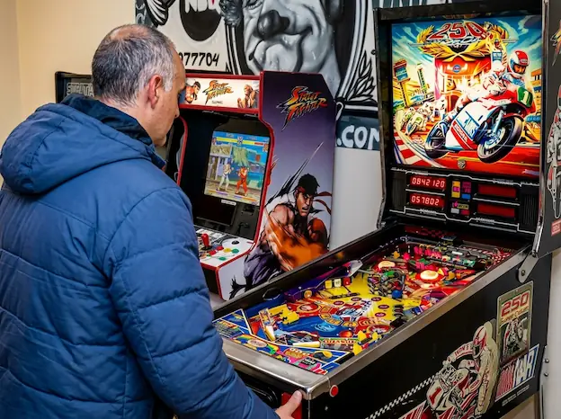 Assistent jugant al pinball a la zona chill out d'un congrés
