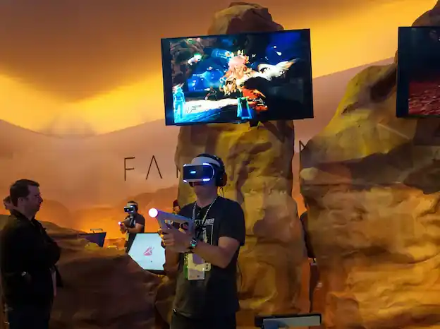 Visitor wearing VR goggles on a trade show stand