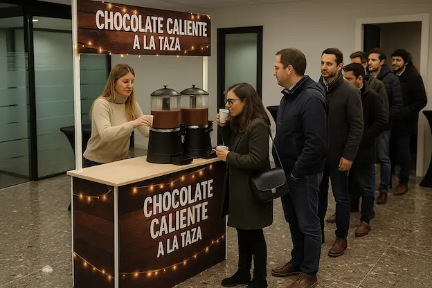 Carrito de chocolate caliente en una cena de Navidad de empresa