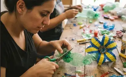 Crafts with recycled materials at a sustainability fair