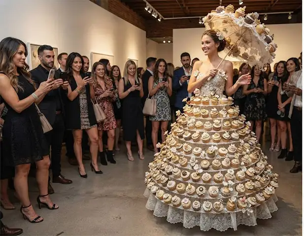 Vestido de cupcakes con logo en un evento de empresa