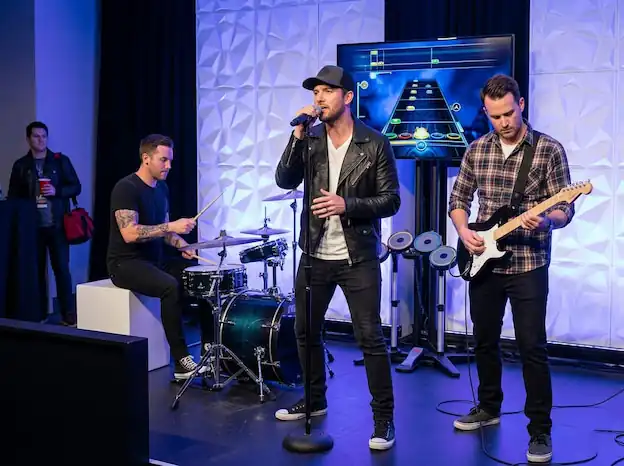 Rock Band game at an office Christmas dinner