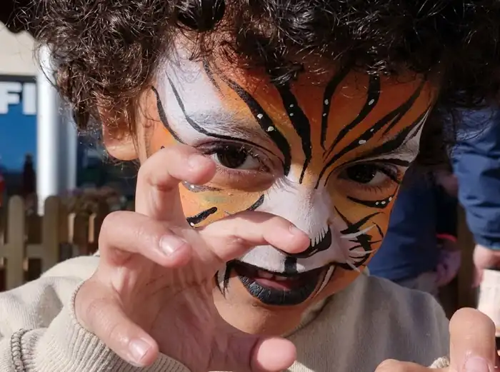 Niño con la cara pintada como un tigre durante un evento infantil, mostrando un maquillaje artístico de fantasía realizado por un pintacaras profesional.