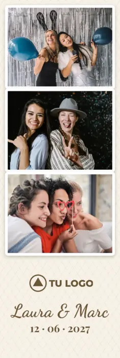 Tira de fotos de casament amb tres fotos, els noms dels nuvis i la data